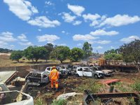 incendio-em-vegetacao-se-espalha,-atinge-patio-e-danifica-10-veiculos-em-bambui